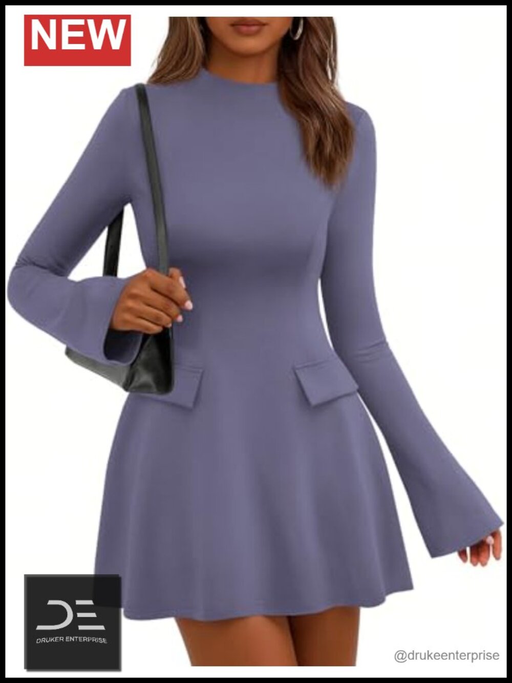 Bell Sleeve Mini Dress Mock Neck Bodycon Long Sleeve Semi Formal